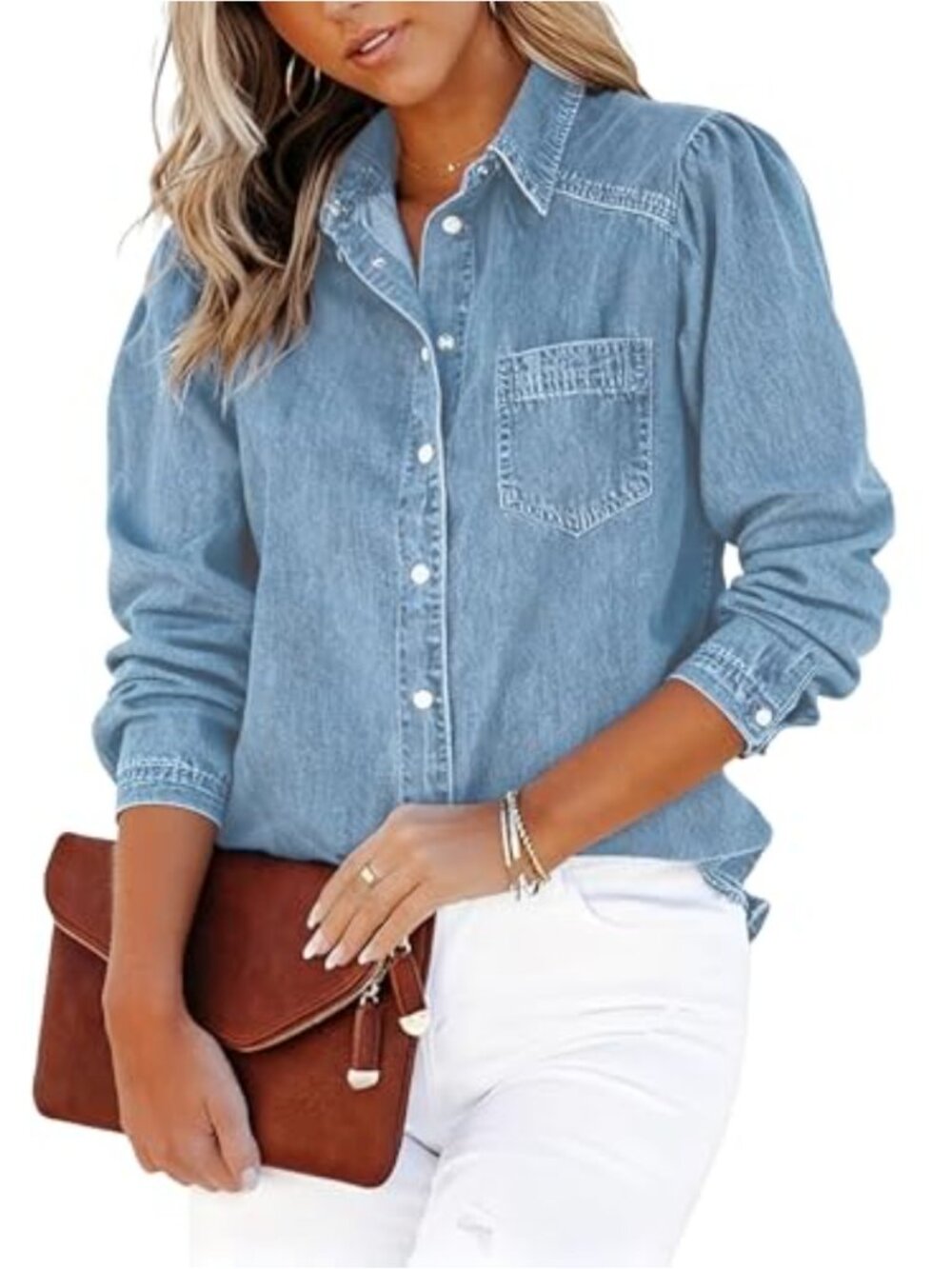 Puff Sleeve Denim Shirt Snap Button Down Loose Fit Long Sleeve Blouse